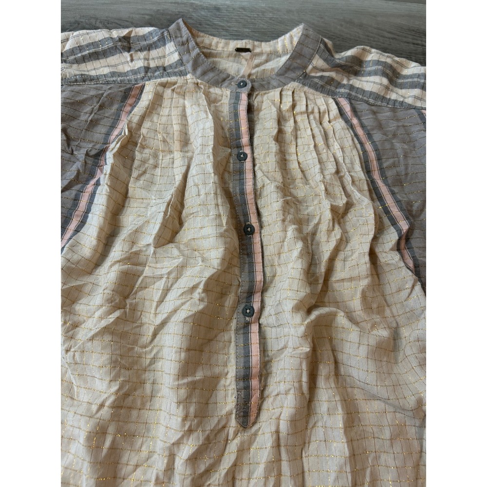 Free People Womens Plaid Metallic Lurex Tunic Rayon XS Beige Grey Pink Gold